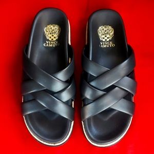 Vince Camuto Black Leather Criss Cross Sandals Slip Ons Womans size 10